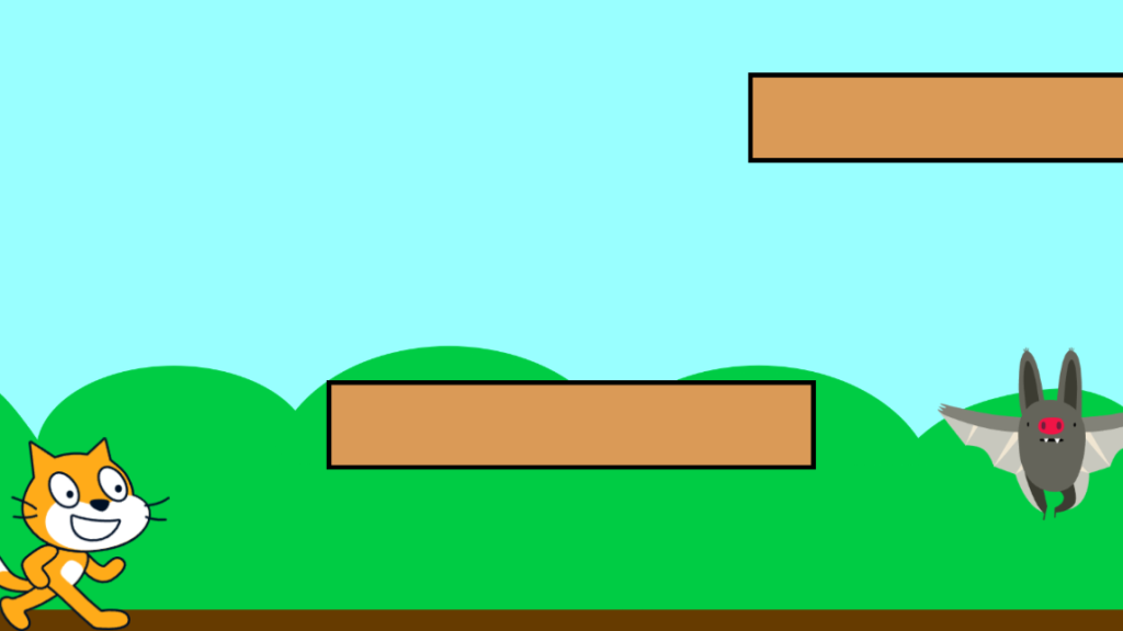 Scratchで横スクロールのゲームをプレイしている様子